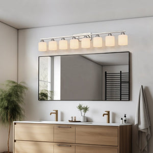 English Elm 8-Light Matte Iron Vanity Bar with Frosted Globe Shades for Mirror Wall Illumination Chrome W1340P310796