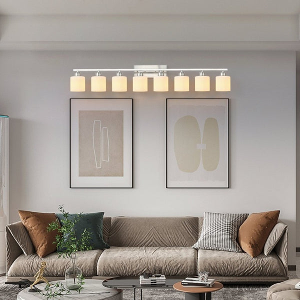 English Elm 8-Light Matte Iron Vanity Bar with Frosted Globe Shades for Mirror Wall Illumination Chrome W1340P310796