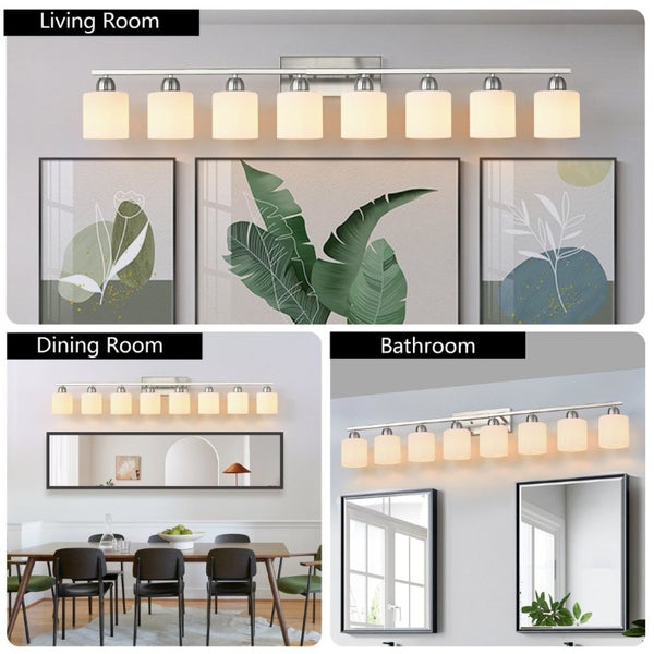 English Elm 8-Light Matte Iron Vanity Bar with Frosted Globe Shades for Mirror Wall Illumination Chrome W1340P310796