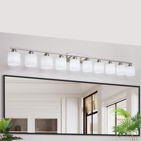English Elm 10 Light Matte Iron Vanity Bar with Milky Glass Shades Wide Format Wall Fixture Chrome W1340P310797