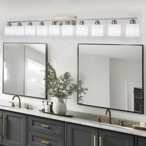 English Elm 10 Light Matte Iron Vanity Bar with Milky Glass Shades Wide Format Wall Fixture Chrome W1340P310797
