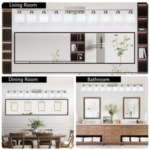 English Elm 10 Light Matte Iron Vanity Bar with Milky Glass Shades Wide Format Wall Fixture Chrome W1340P310797
