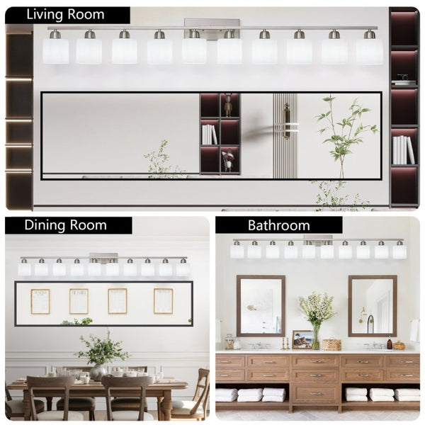 English Elm 10 Light Matte Iron Vanity Bar with Milky Glass Shades Wide Format Wall Fixture Chrome W1340P310797