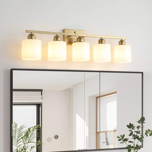 English Elm Brushed Nickel Five Globe Vanity Light with Frosted Glass Shades for Modern Bathrooms Gold W1340P310799