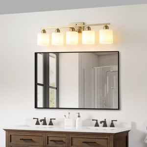 English Elm Brushed Nickel Five Globe Vanity Light with Frosted Glass Shades for Modern Bathrooms Gold W1340P310799