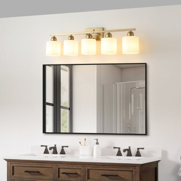 English Elm Brushed Nickel Five Globe Vanity Light with Frosted Glass Shades for Modern Bathrooms Gold W1340P310799