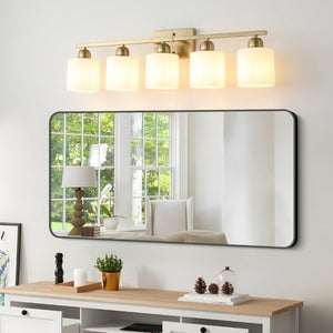 English Elm Brushed Nickel Five Globe Vanity Light with Frosted Glass Shades for Modern Bathrooms Gold W1340P310799