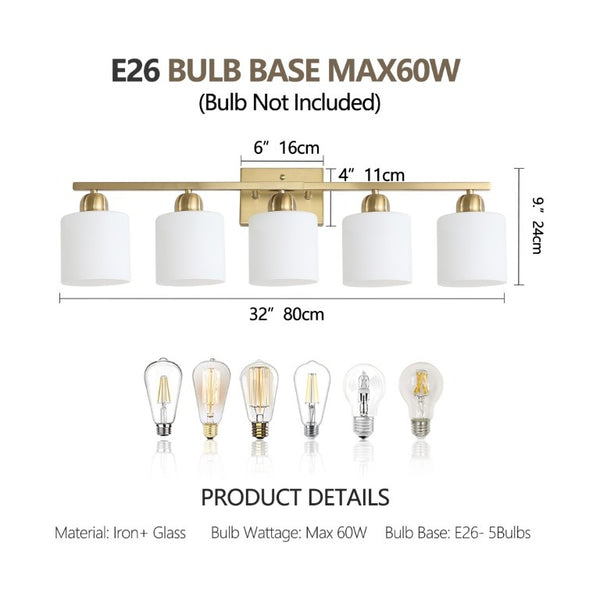 English Elm Brushed Nickel Five Globe Vanity Light with Frosted Glass Shades for Modern Bathrooms Gold W1340P310799
