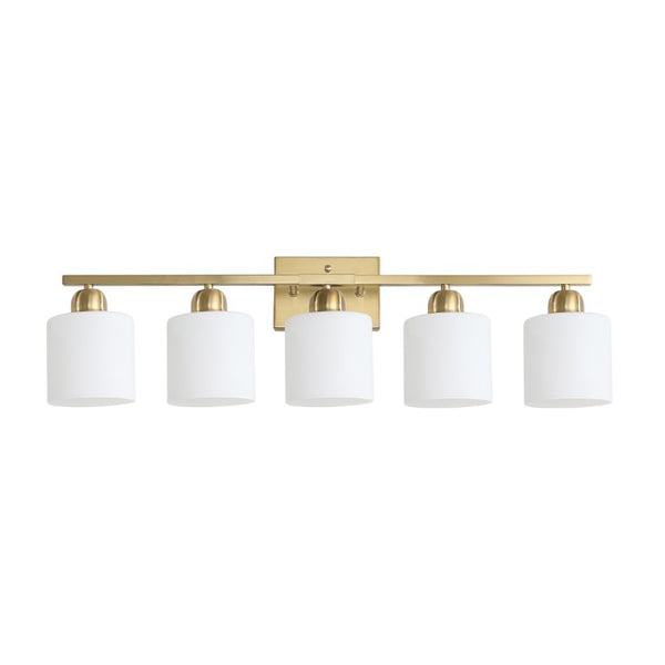 English Elm Brushed Nickel Five Globe Vanity Light with Frosted Glass Shades for Modern Bathrooms Gold W1340P310799