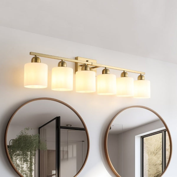 English Elm 38 Inch Brushed Nickel Vanity Light Bar Six Globe Shades for Bathroom Mirror Wall Gold W1340P310800