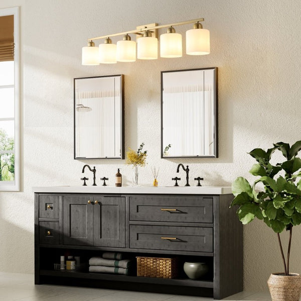 English Elm 38 Inch Brushed Nickel Vanity Light Bar Six Globe Shades for Bathroom Mirror Wall Gold W1340P310800