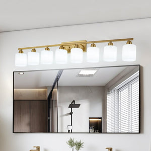 English Elm 8-Light Matte Iron Vanity Bar with Frosted Globe Shades for Mirror Wall Illumination Gold W1340P310801