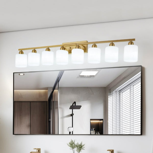 English Elm 8-Light Matte Iron Vanity Bar with Frosted Globe Shades for Mirror Wall Illumination Gold W1340P310801