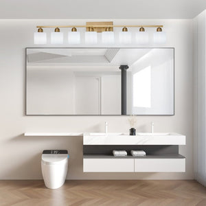 English Elm 8-Light Matte Iron Vanity Bar with Frosted Globe Shades for Mirror Wall Illumination Gold W1340P310801
