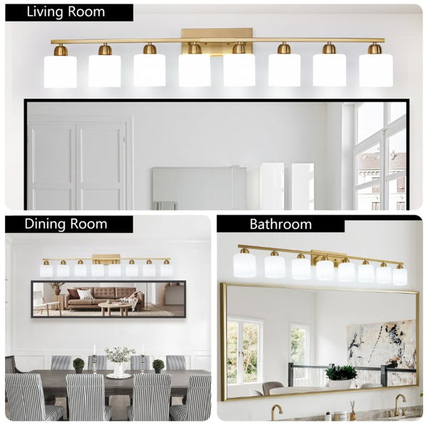 English Elm 8-Light Matte Iron Vanity Bar with Frosted Globe Shades for Mirror Wall Illumination Gold W1340P310801