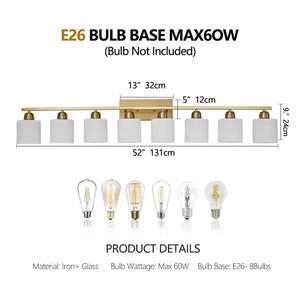 English Elm 8-Light Matte Iron Vanity Bar with Frosted Globe Shades for Mirror Wall Illumination Gold W1340P310801