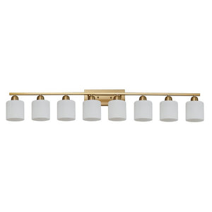 English Elm 8-Light Matte Iron Vanity Bar with Frosted Globe Shades for Mirror Wall Illumination Gold W1340P310801