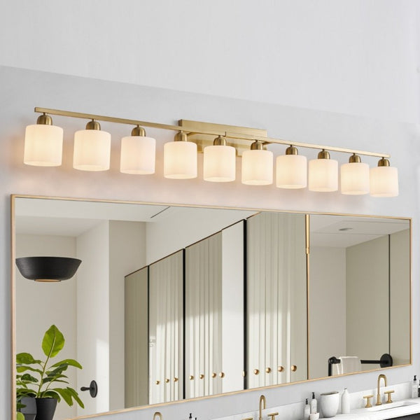 English Elm 10 Light Matte Iron Vanity Bar with Milky Glass Shades Wide Format Wall Fixture Gold W1340P310802