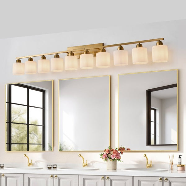 English Elm 10 Light Matte Iron Vanity Bar with Milky Glass Shades Wide Format Wall Fixture Gold W1340P310802