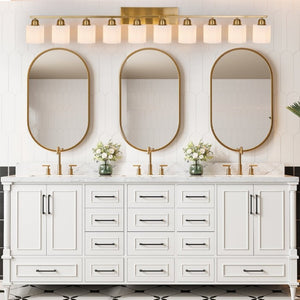 English Elm 10 Light Matte Iron Vanity Bar with Milky Glass Shades Wide Format Wall Fixture Gold W1340P310802