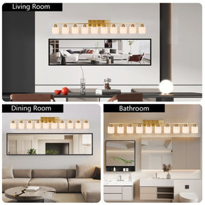 English Elm 10 Light Matte Iron Vanity Bar with Milky Glass Shades Wide Format Wall Fixture Gold W1340P310802