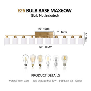 English Elm 10 Light Matte Iron Vanity Bar with Milky Glass Shades Wide Format Wall Fixture Gold W1340P310802