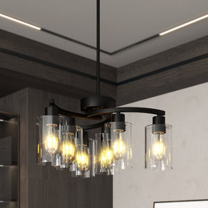 English Elm 6-Light Matte Black Iron Farmhouse Chandelier with Clear Glass Shades for Dining Areas W1340P316378