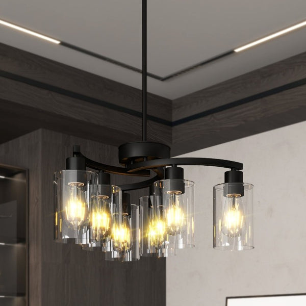 English Elm 6-Light Matte Black Iron Farmhouse Chandelier with Clear Glass Shades for Dining Areas W1340P316378