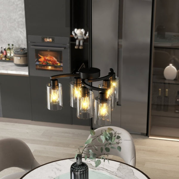 English Elm 6-Light Matte Black Iron Farmhouse Chandelier with Clear Glass Shades for Dining Areas W1340P316378