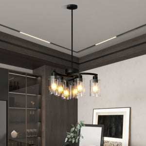 English Elm 6-Light Matte Black Iron Farmhouse Chandelier with Clear Glass Shades for Dining Areas W1340P316378