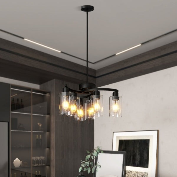 English Elm 6-Light Matte Black Iron Farmhouse Chandelier with Clear Glass Shades for Dining Areas W1340P316378