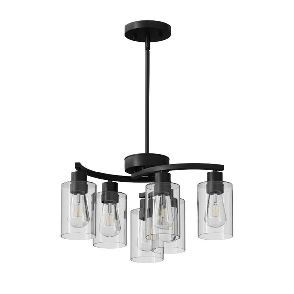 English Elm 6-Light Matte Black Iron Farmhouse Chandelier with Clear Glass Shades for Dining Areas W1340P316378
