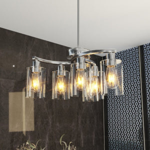English Elm 6-Light Brushed Nickel Industrial Chandelier with Clear Glass Shades for Dining or Kitchen Chrome W1340P316379