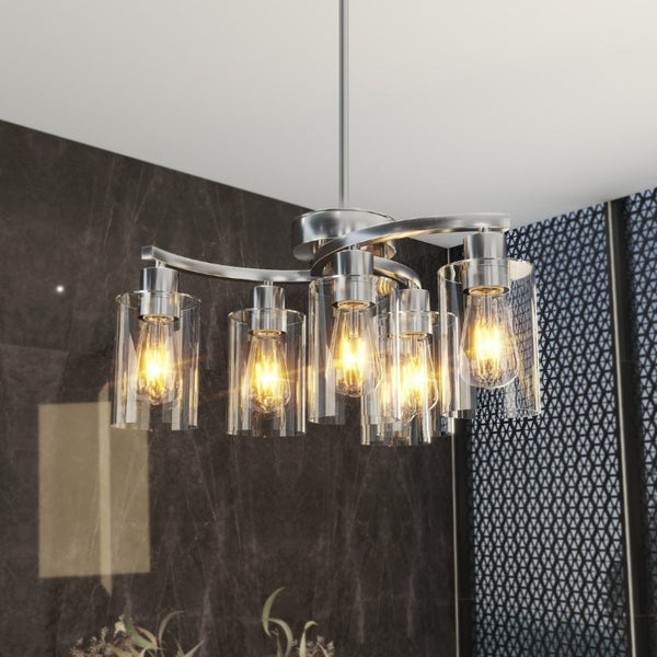 English Elm 6-Light Brushed Nickel Industrial Chandelier with Clear Glass Shades for Dining or Kitchen Chrome W1340P316379