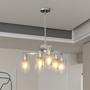 English Elm 6-Light Brushed Nickel Industrial Chandelier with Clear Glass Shades for Dining or Kitchen Chrome W1340P316379