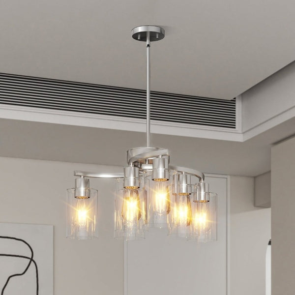 English Elm 6-Light Brushed Nickel Industrial Chandelier with Clear Glass Shades for Dining or Kitchen Chrome W1340P316379