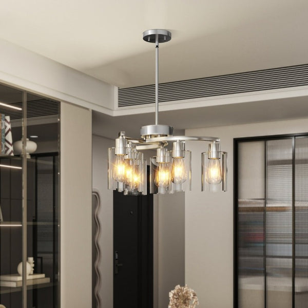 English Elm 6-Light Brushed Nickel Industrial Chandelier with Clear Glass Shades for Dining or Kitchen Chrome W1340P316379
