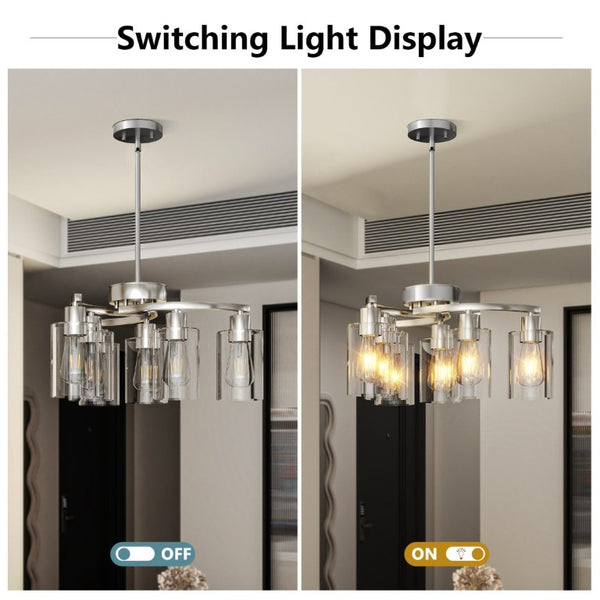 English Elm 6-Light Brushed Nickel Industrial Chandelier with Clear Glass Shades for Dining or Kitchen Chrome W1340P316379