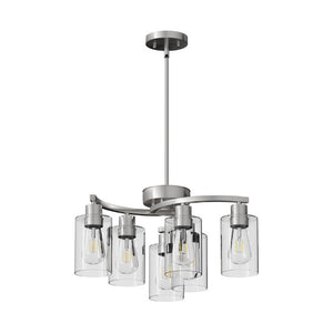 English Elm 6-Light Brushed Nickel Industrial Chandelier with Clear Glass Shades for Dining or Kitchen Chrome W1340P316379
