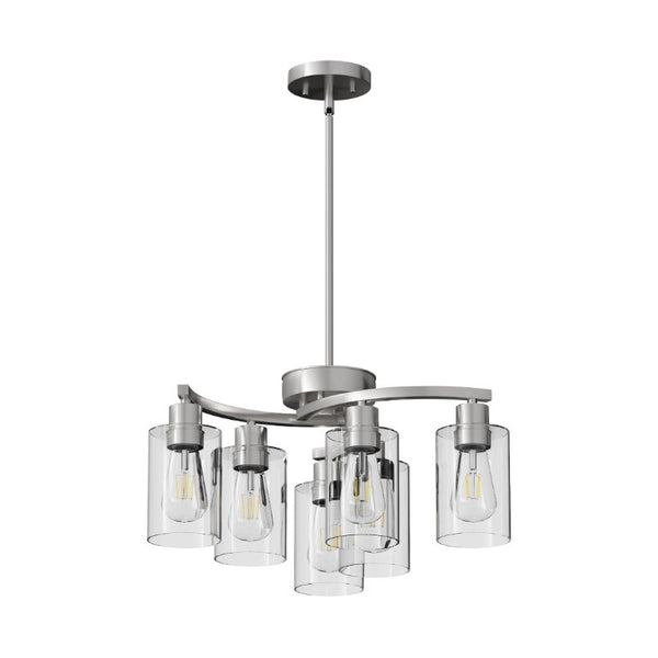 English Elm 6-Light Brushed Nickel Industrial Chandelier with Clear Glass Shades for Dining or Kitchen Chrome W1340P316379