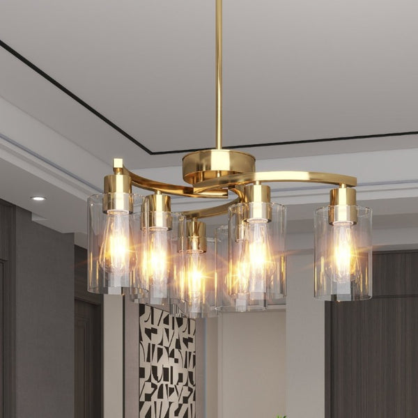 English Elm 6-Light Brushed Nickel Industrial Chandelier with Clear Glass Shades for Dining or Kitchen Gold W1340P316380