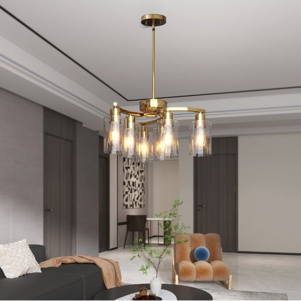 English Elm 6-Light Brushed Nickel Industrial Chandelier with Clear Glass Shades for Dining or Kitchen Gold W1340P316380