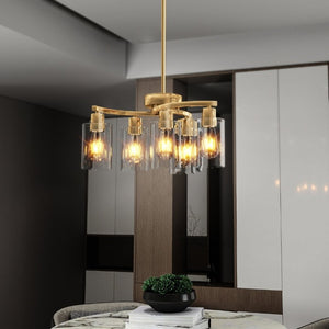 English Elm 6-Light Brushed Nickel Industrial Chandelier with Clear Glass Shades for Dining or Kitchen Gold W1340P316380