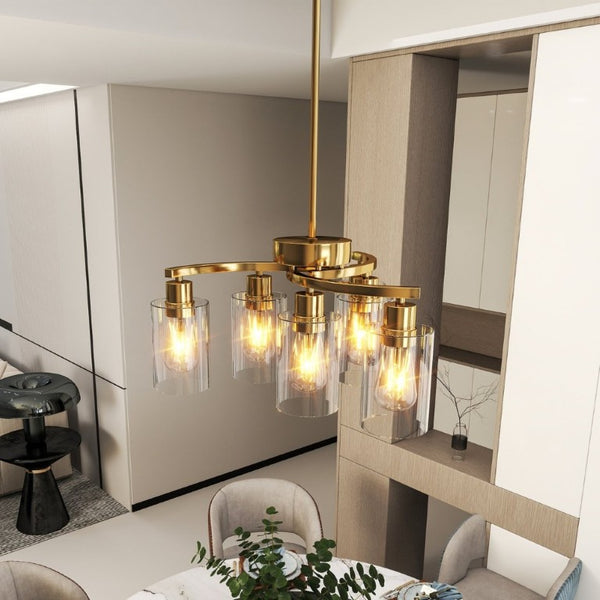 English Elm 6-Light Brushed Nickel Industrial Chandelier with Clear Glass Shades for Dining or Kitchen Gold W1340P316380
