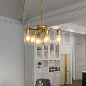 English Elm 6-Light Brushed Nickel Industrial Chandelier with Clear Glass Shades for Dining or Kitchen Gold W1340P316380