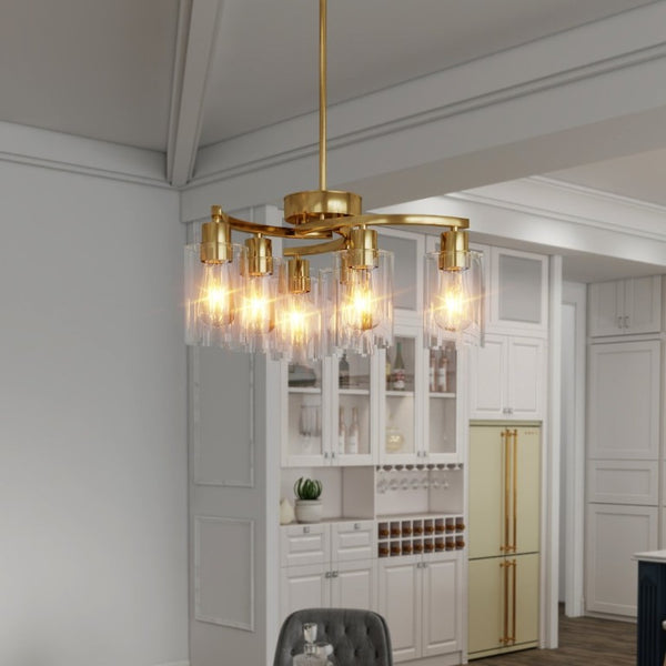 English Elm 6-Light Brushed Nickel Industrial Chandelier with Clear Glass Shades for Dining or Kitchen Gold W1340P316380