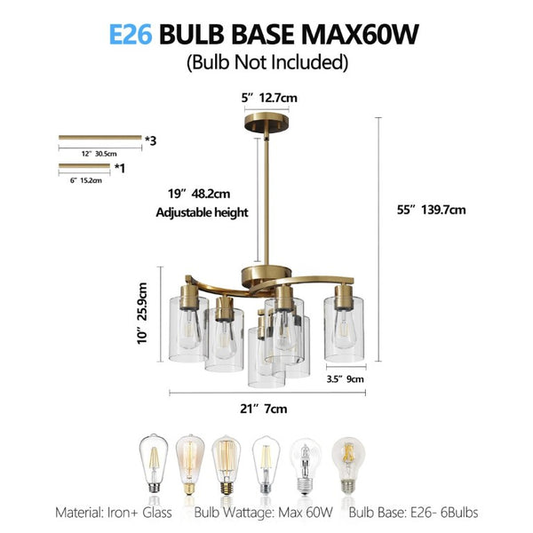 English Elm 6-Light Brushed Nickel Industrial Chandelier with Clear Glass Shades for Dining or Kitchen Gold W1340P316380