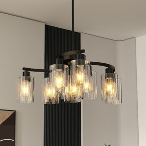 English Elm 9-Light Matte Black Steel Chandelier with Clear Glass Shades for Dining and Kitchen W1340P316381