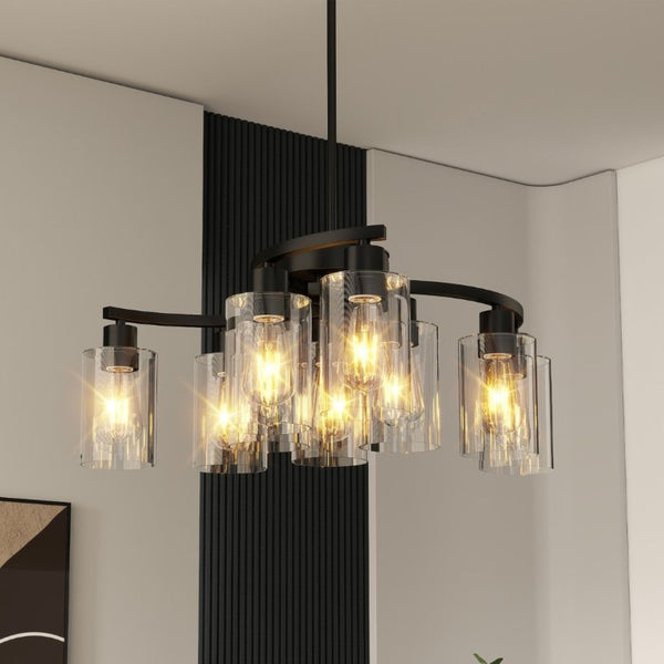 English Elm 9-Light Matte Black Steel Chandelier with Clear Glass Shades for Dining and Kitchen W1340P316381