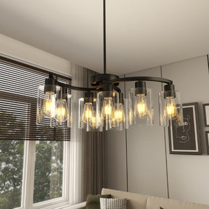 English Elm 9-Light Matte Black Steel Chandelier with Clear Glass Shades for Dining and Kitchen W1340P316381